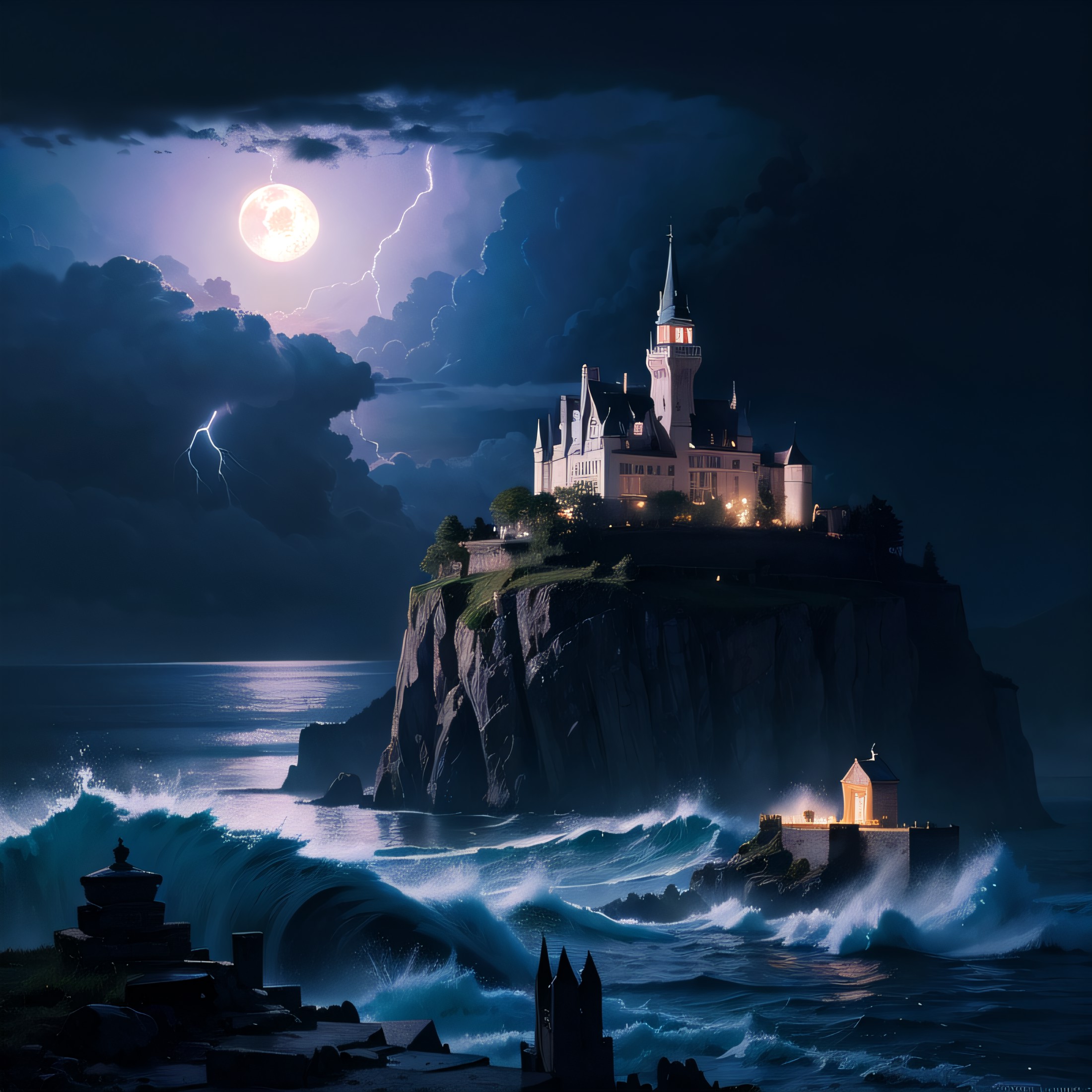 dreamlikeart absurdres highres masterpiece best quality Alois Arnegger Antoine Blanchard old castle on island sea storm li...