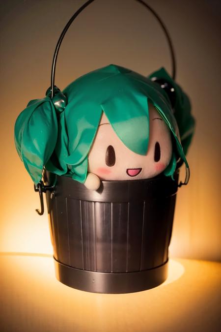 masterpiece, best quality,  <lora:kisume:1>,fu1fu,character doll,chibi,1girl,kisume,green hair,twintails, hair bobbles,bucket,in bucket,japanese clothes, wood bucket