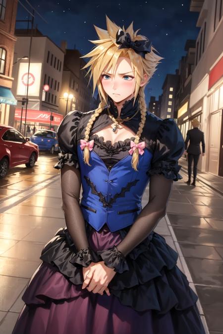 masterpiece, best quality, cloud strife, crossdressing, twin braids, male focus, frilled dress, hair bow, (blush), embarrassed, avoiding eye contact, city street, night <lora:cloudstrife-nvwls-v1-000010:0.9>