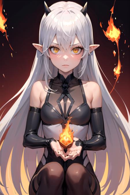 salvos salvos, 1girl, silver hair, yellow eyes, horns