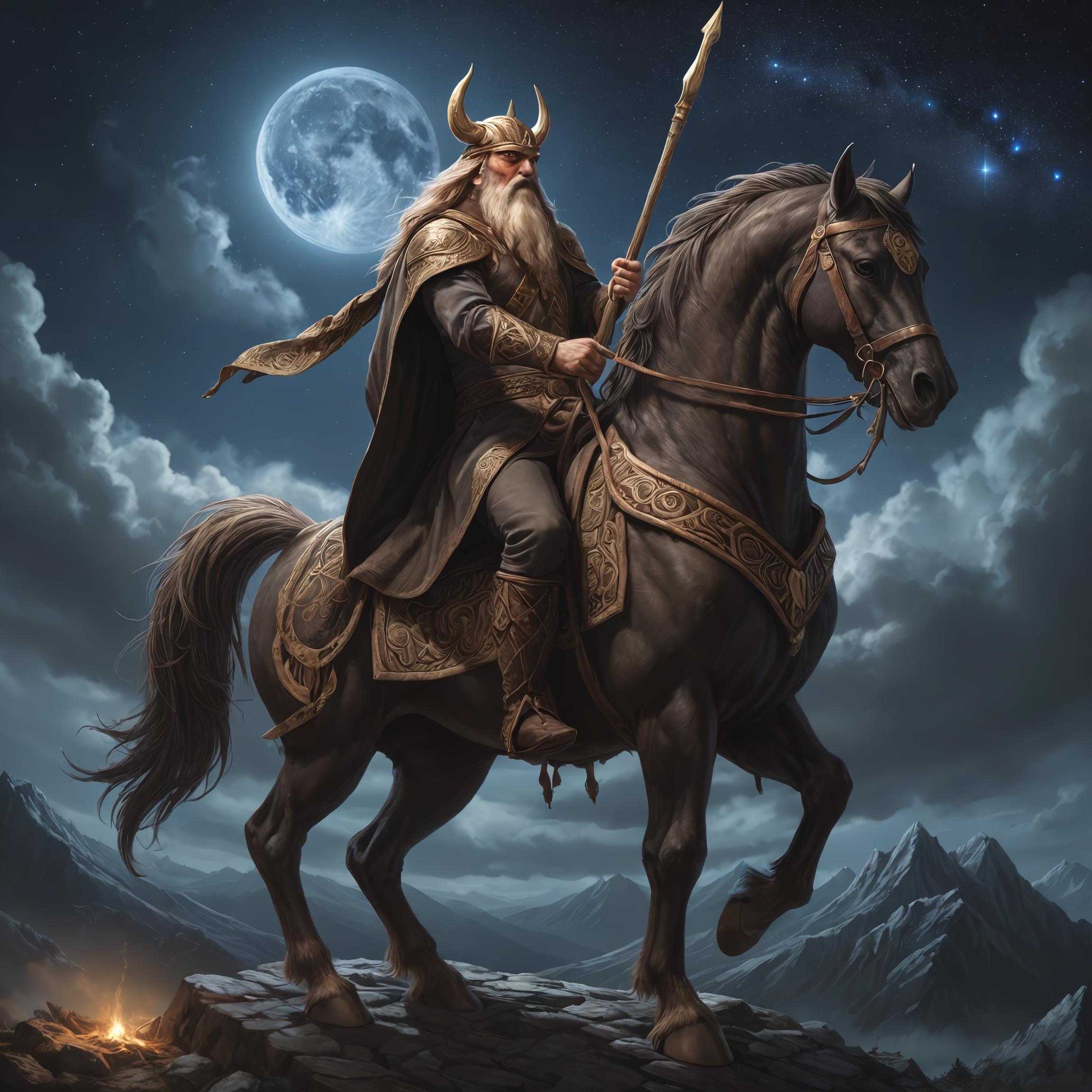 A man in a wizard costume riding a horse on a mountain