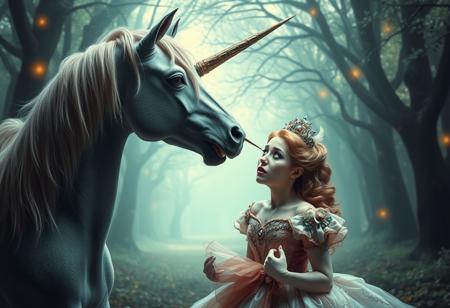 A surreal fairytale scene featuring a unicorn with a sharp, menacing horn trying to kiss a princess. The unicorn’s horn pierces the princess’s head, causing a dramatic and dark moment. The princess is wearing an elaborate gown, and her expression shows surprise and shock. The background is a magical forest with soft, ethereal lighting, but the scene is filled with tension and an eerie atmosphere. The contrast between the delicate beauty of the unicorn and the violence of the moment creates a surreal, haunting image