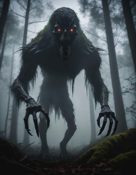 award winning horror-themed photograph, ominous gaunt tall cryptid with long sharp claws, creepy forest, fog, shadows, gloom, chroma, rim lighting, volumetric, 8k resolution, trending on art station