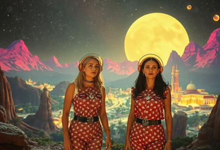 cinematic photograph, three women astro-explorers explore a mysterious psychedelic city of Fruitopia  ,1960s adventure b-movie science fiction film, technicolor , in the style of schuiten-peeters