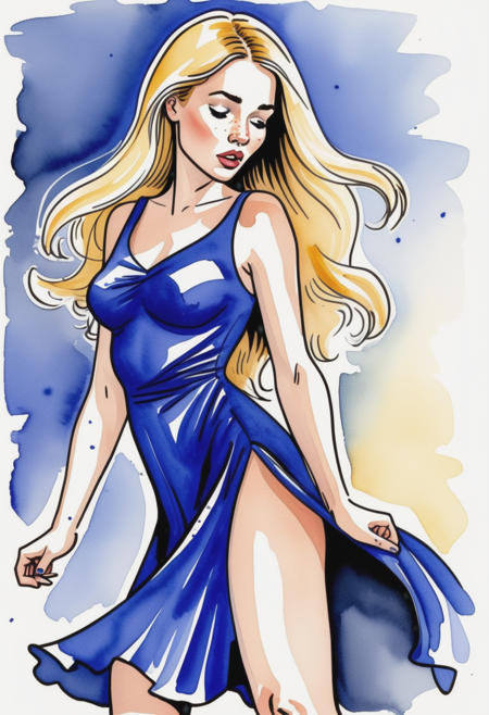 woman (Sex) (cartoon) watercolor with black cartoon marker Graphic novel  panel sexy young long-blonde-hair 1woman ((wearing a cute royal-blue dress)), pulling her clothes, stretching her dress, exposing her breasts, nipples, acting surprised, meet cute skeptical happy, soft bodytype, bangs, modern hair, embarrassed, rosey cheeks with freckles, facing camera, complaining funny expression, art by Charles Bragg, beautiful, thicc, washed out watercolor, cute friendly expressive face, scottish-german-american, sideboob, straight golden hair, ((minimalist line drawing with toon shading)), dark cloudy portland oregon, pinup girl, classic cartoon style, cel shaded, matte, erect nipples, ((white background)), green eyes, 90s nicktoon style