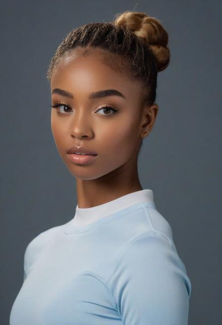 hyper realistic and detailed photo of a cute 22yo african female gymnast, shallow depth of field, cleavage, two-packs abs, golden blonde straight messed up hair, straight waist, realistic textures, 8k movie still, cinematic, looking at viewer, straight hip, narrow hip, small hip, small round shape butt, tiny breasts, long legs, Youthful, radiant complexion with fair dark tonde black skin. Her facial structure is characterized by soft, rounded features with a gentle jawline that complements her overall delicate visage. The eyebrows above are well-defined, arched gracefully, adding to the intensity of her gaze. Her hair, a rich golden brown, is pulled back into a high ponytail that cascades in gentle waves, framing her face elegantly. Her lips are full and appear soft, providing a neutral yet inviting expression. The subject's nose is proportionate to her face, with a subtle, rounded tip that harmonizes with her soft facial features.
The eyes are a distinctive feature, conveying a remarkable depth of color   a shade of light blue. Her irises are ringed with a darker blue hue. Her pupils are centered and clear. The eyelids are smooth, with a subtle crease that adds depth to her eye structure. Her lashes are of a lighter brown, long and evenly spread, curling gently upwards. low-key dark-toned photo style, pure black background