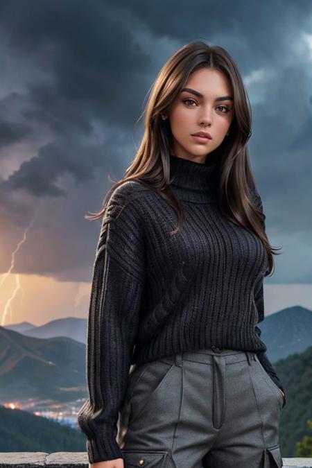 photo of S282_AndreaAngel,a stylish woman,on a (mountain:1.1),wearing a (sweater:1.1) and (cargo-pants),(thunderstorm:1.1),(4k, RAW photo, best quality, depth of field, ultra high res:1.1),(absurdres, intricate, photorealistic, masterpiece, ultra-detailed:1.1),