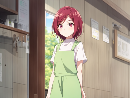 kiryuumichiru, 1girl, solo, apron, looking at viewer, green apron, short sleeves, indoors, expressionless