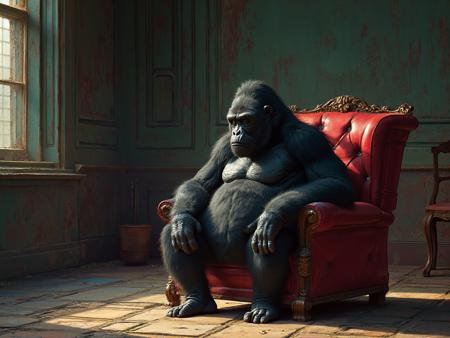 The image shows a gorilla sitting on a red armchair in a room with green walls and wooden flooring. The gorilla is sitting with its legs crossed and its arms resting on the armrests of the chair. It appears to be deep in thought, with its eyes closed and its mouth slightly open. The chair has intricate carvings on the backrest and armrest, and there is a window on the left side of the image with a view of trees outside. The overall mood of the room is somber and contemplative.