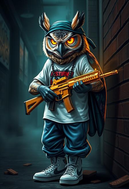 "Hyper-realistic, intricately detailed depiction of a gangster anthropomorphic owl, reppin' a bold, streetwise style. The owl rocks a doo rag, white t-shirt with a fresh graffiti design, blue baggy jeans, and high-top sneakers, exuding a confident, urban swagger. But it's the owl's arsenal that truly sets them apart - a magical golden uzi, imbued with godly powers, glows with a soft, ethereal light, illuminating the dimly lit surroundings. The owl's glowing yellow eyes, like two shining suns, reflect the scene around them, as if they're windows to a deeper, mystical realm. The atmosphere is one of gritty, urban intensity, as if the owl is ready to take on the streets and unleash the uzi's divine fury. Style: hyper-realistic, highly detailed, and richly textured, with a focus on capturing the owl's tough, streetwise attitude and the magical, otherworldly glow of the golden uzi."