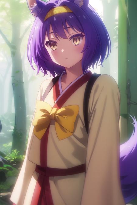 izunahatsuse, <lora:izuna hatsuse s1-lora-nochekaiser:1>,
izuna hatsuse, short hair, animal ears, purple hair, hairband, animal ear fluff, fox ears, slit pupils, (yellow eyes:1.3),
BREAK bow, tail, japanese clothes, wide sleeves, kimono, fox tail, short kimono,
BREAK outdoors, forest, nature, sun, sky, clouds, trees, river, grass,
BREAK looking at viewer, (cowboy shot:1.5),
BREAK <lyco:GoodHands-beta2:1>, (masterpiece:1.2), best quality, high resolution, unity 8k wallpaper, (illustration:0.8), (beautiful detailed eyes:1.6), extremely detailed face, perfect lighting, extremely detailed CG, (perfect hands, perfect anatomy),