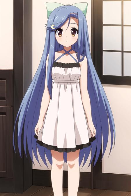 best quality,masterpiece,looking at viewer,huge filesize,full body, 
 halter neck dress, <lora:007-æ¶åæç©ºçæ¡¥-è¤å éé³V2:0.7> toudou kasane,blue hair,long hair,hair ornament,hairclip,bow,crescent,hair bow,crescent hair ornament,very long hair,brown eyes,