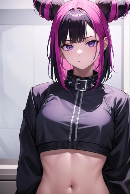 jurihan, <lora:jurihan-lora-nochekaiser:1>,
juri han, asymmetrical hair, black hair, (diagonal bangs:1.5), hair horns, medium hair, multicolored hair, (purple eyes:1.1), pink hair, two-tone hair,
BREAK black collar, chinese clothes, collar, crop top, navel, spiked collar, spikes, pants, baggy pants,
BREAK indoors,
BREAK looking at viewer, (cowboy shot:1.5),
BREAK <lyco:GoodHands-beta2:1>, (masterpiece:1.2), best quality, high resolution, unity 8k wallpaper, (illustration:0.8), (beautiful detailed eyes:1.6), extremely detailed face, perfect lighting, extremely detailed CG, (perfect hands, perfect anatomy),