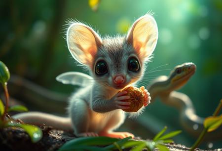 furry little translucent mammal in a rain forest zoomed in, rainbow of light reflection off dew, green and vivid colors, wild fog, large eyes, transparent body, invisible like a jelly fish, huge ears, very cute, incredibly adorable, eating a nut, fungal hair, see through, wings, amazing atmosphere, snake in background, mystical realm, floating orbs of light