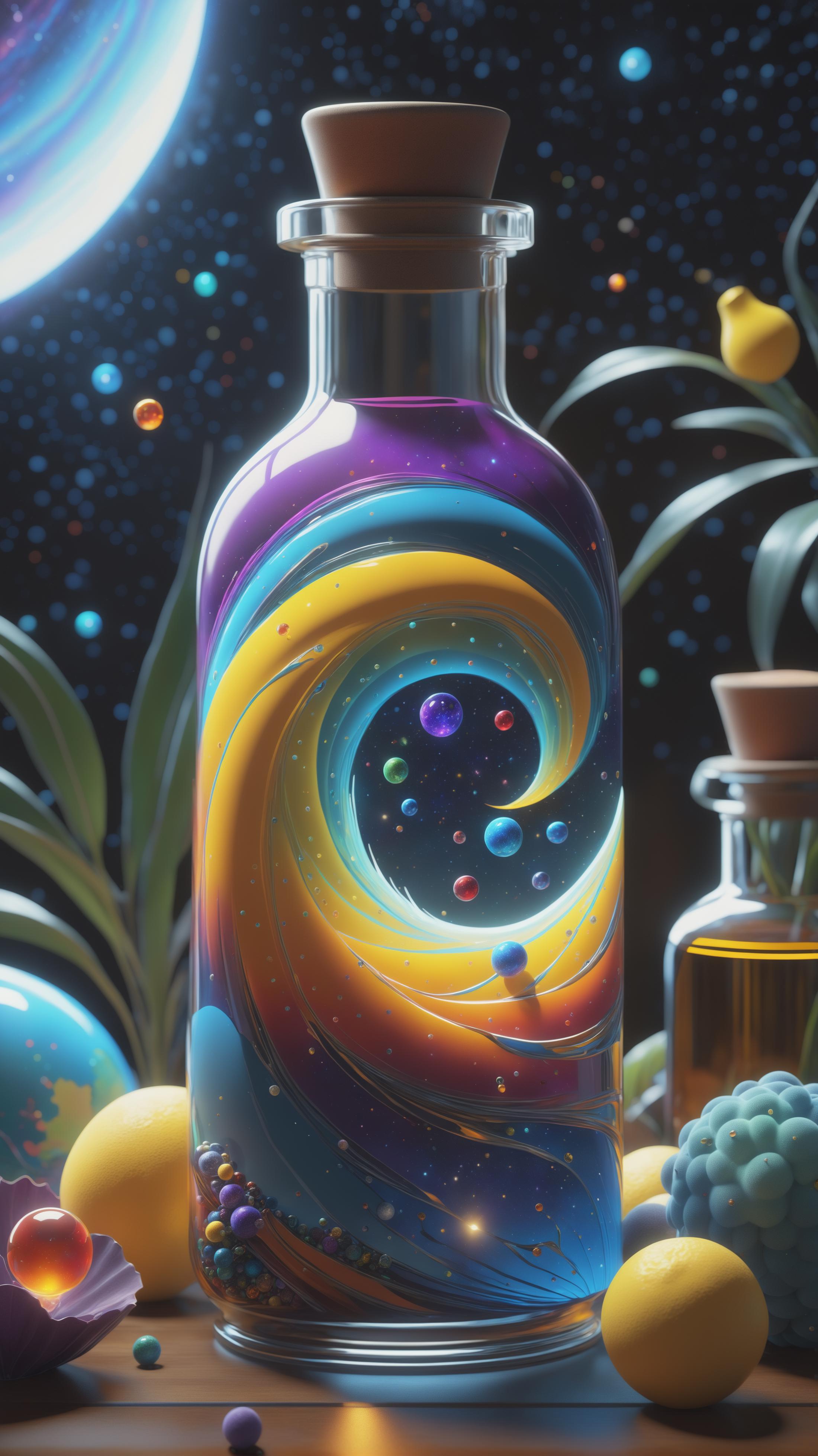 Colorful Bottle with Swirls and Planets on a Table