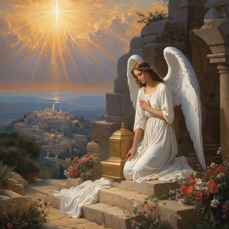 Painting Gorgeous beautiful pretty guardian angel guarding Jesus christ buried tomb