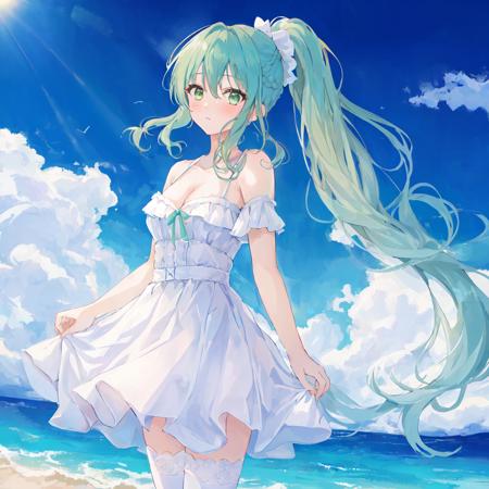 1girl , (incredibly_absurdres:1.5),  'solo' 'an extremely delicate , beautiful girl , 8k wallpaper , masterpiece , (green eyes:0.6|white eyes:1.7|cyan eyes:0.6 color) eyes , 1girl ,  long hair ,  ,  '((solo))', ,[green hair:1.7|white color hair:0.5|cyan hair:1.9|grey hair:1.0] hair, ,  hair between eyes , (messy hair:0.8|floating hair:1),  crossed bangs, bare_shoulders ,  white_thighhighs , (hair) , shy , (cleavage:1.1) , (huge breasts:0.6) ,   (high ponytail:1.4|braid twintails:1.4), (standing)  , art by Cornflower, dreamy , (beautiful detailed water:1.3|beautiful detailed sky:1.2|fluttered detailed splashs:1.5),, masterpiece, best quality,<hypernet:cornflower_v7_phantom:0.05>, masterpiece, best quality,       smile