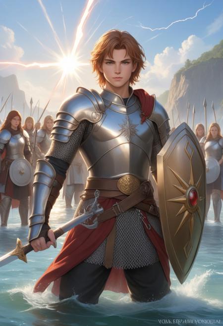 (photorealism:1.5)
score_9, score_8_up, score_7_up, score_6_up, <lora:anime enhancer V3 xl:1.2> <lora:Perfect Hands:1.5> (best quality, masterpiece:1.2), best quality, Young Russian hero. A shield, a sword on his belt, chain mail, behind a lot of girls in chain mail, standing in the water. pointed helmet on the head, The sun is shining, lightning is striking from the clear sky. lighting effects, the highest detail, floating particles, ancient runes, white energy, mana, epic atmosphere, <VoidEnergy-000001:0.5> Energy V0id3