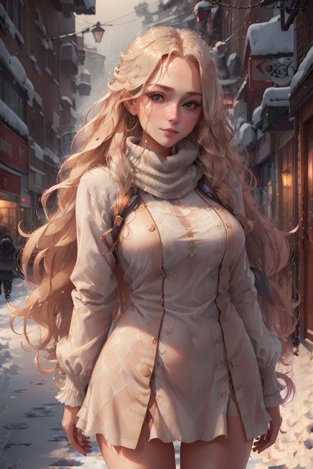 real, photograph, professional portrait photograph of a gorgeous Norwegian girl, long wavy blonde hair, sultry flirty look, gorgeous symmetrical face, cute natural makeup, ((standing outside in snowy city street)), stunning rural environment, ultra realistic, concept art, elegant, highly detailed, intricate, sharp focus, depth of field, f/1. 8, 85mm, medium shot, mid shot, (((professionally color graded))), bright soft diffused light, (volumetric fog), trending on instagram, hdr 4k, 8k, nsfw,   <lyco:nclrdfsn-000010:0.5>