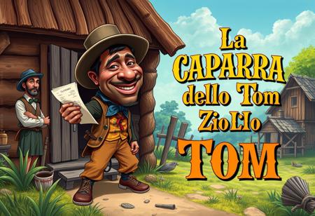 “Illustrate a caricature-style book cover inspired by Uncle Tom’s Cabin, reimagined as La CAPARRA dello Zio Tom. The scene should feature exaggerated, satirical elements with bold, dynamic colors that evoke the vintage aesthetic of 19th-century illustrated book covers.
Uncle Tom is portrayed as a humorous, larger-than-life character, dressed in tattered yet vibrant clothing, holding a contract or receipt symbolizing ‘la caparra’ (the deposit). Surround him with symbolic elements representing social commentary, such as exaggerated caricatures of other characters from the original novel, set in a plantation backdrop with surreal and whimsical tones.
The title, La CAPARRA dello Zio Tom, should be prominently displayed in bold, ornate lettering that blends classic typography with a playful twist. Include smaller details that highlight the satirical nature of this cover while staying respectful to the original themes of the book.”