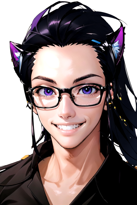 Tobias X'voor, solo, looking at viewer, smile, simple background, black hair, 1boy, white background, purple eyes, male focus, glasses, teeth, grin, headphones, portrait, realistic <lora:Tobias_Xvoor-000008:1>