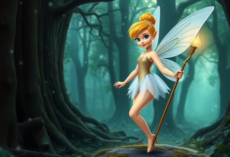 In an ancient enchanted forest where fairy dust wafts, a beautiful centaur girl, Tinker bell, holds a magic staff in her right hand, has fairy wings, a white tulle dress, blue eyes, and a fully standing full-length figure.