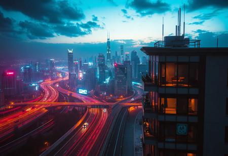 Penthouse, night city view, cyberpunk themed, retrowave, highway, big city in the background, tron vibes, digital era, retrowave