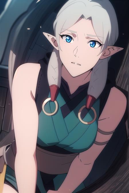 fymryn, blue eyes, grey hair, pointy ears, braid, hair braid, elf, bare shoulders, boots, detached sleeves, bare shoulders, sleeveless, pants, sash, toeless legwear, green dress,