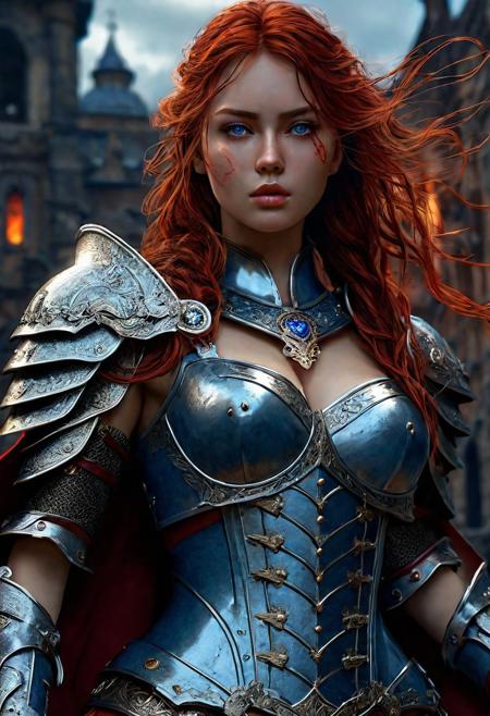 High resolution ultra-realistic of Beautiful Warrior girl, Fantasy style, 8k, capturing the intensity of the moment, dramatic lighting, standing on a bloody and stormy battlefield in a fighting pose, fire, intricately designed shining iron armor, red mini skirt, perfect athletic figure, beautiful Warrior girl, fire, dirty face, ultra realistic, cinematic style, athletic figure, Firm sinewy female slim body, dark fantasy, covered in dirty and blood, cinematic colors Lighting, extremely detailed, 8K, wavy red hair, realistic dirty bloody pale face, realistic blue eyes, beautiful Warrior girl on in cool iron armor, hyper-detailed, hyper-realistic, bright colours, Attractive 21 old years girl, Attractive, beautiful firm Breasts, sharp focus, digital painting, Photograph Taken on Nikon D750, Alphonse Mucha, 8K, athletic figure, Hyperdetailed, hyperrealism, Attractive, Attractive bust girl, asymmetric balance