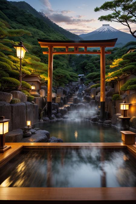 landscape, japan traditional hot onsen, dawn, dim light, detail, realistic, ((masterpiece)), hot steam, torii, wooden bucket, forest, bamboo, <lora:ARWJapanOnsen:1>