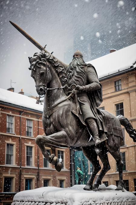 cid statue ,  sword in hand <lora:El cid:0.67>   four paws , snow in the  background ,horse in rampant motion , snowing hard
