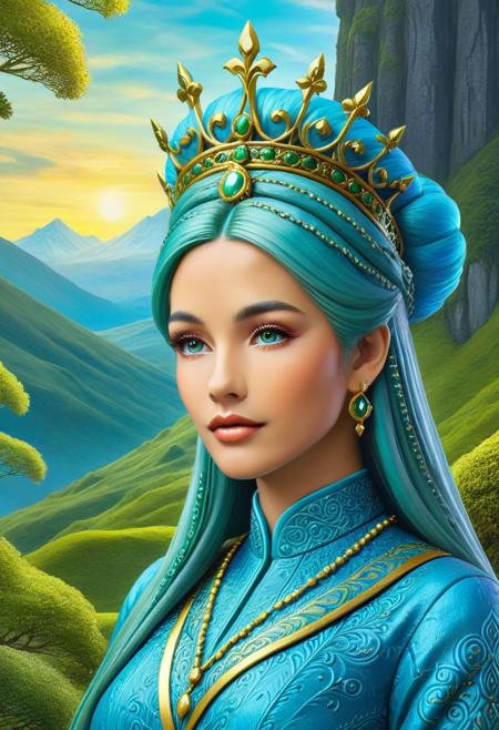 portrait,Queen made of dvr-pckl, magical landscape with enchanted elements, fantasy art style, slate blue theme, intricate details, ultra sharp, exquisite detail, flawless composition, vivid colors, masterpiece, Super model, portrait, stoic, expressionless, beautiful, photorealistic, UHD, 8K, masterpiece, detailed, ultra_high_resolution, lots of detail, YurYuna, modest, sfw, gorgeous, looks beautiful and aesthetic, colorful background, key visual, luxurious, artistic, high resolution, digital art, visual aesthetics, contemporary design, vibrant colors, artistic composition,  elegant, intricate detailing, modern,