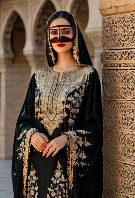 arabic_female_1 , full face a beautiful faced  woman dressed in an embroidery dress ,  with beautiful black kaftan, best quality, 4k, ultra realistic , super quality, background of sheikh zayed mosque
