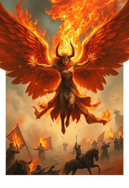 A valkyrie engulfed in flames with large wings flies on wings over the battlefield