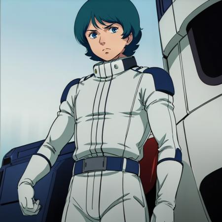 masterpiece,high quality,solo,
<lora:kamillebidan001:0.7>,looking at viewer,serious,
kamillebidan,1boy,
short hair,aqua hair,blue eyes,
pilot suit,
white gloves,
belt,