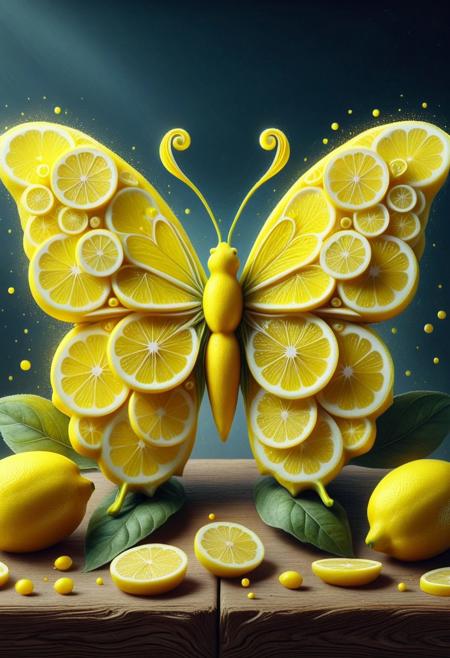wl_lemons, (Masterpiece, Best Quality, 4k, Highres:1.2), a butterfly
 made of lemon, on top of a sunflower