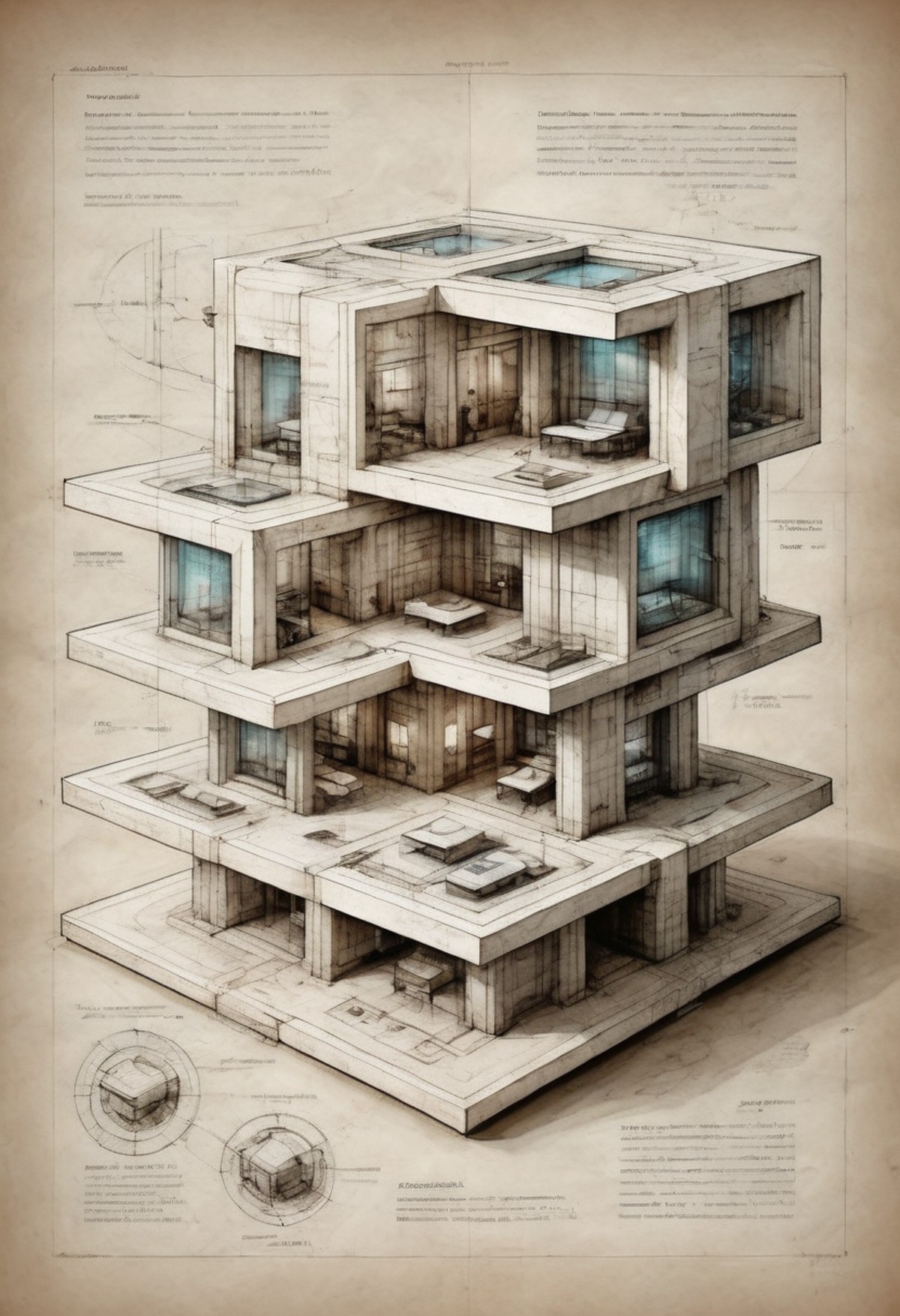 annotated architectural study concept on parchment for futuristic homes incorporating modular cuboid structures and interl...