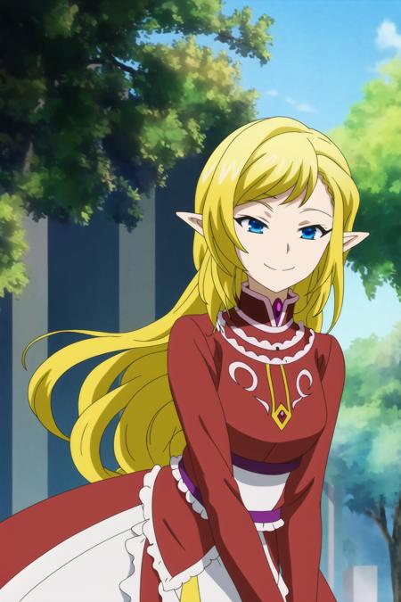 maimai, anime art style, 1girl, solo, long_hair, smile, blonde_hair, upper_body, braid, pointy_ears, parody, elf, facing_viewer