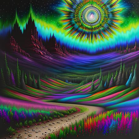 Trippy apocalyptic landscape, Stipple, Tetrachromacy, insanely detailed and intricate, hypermaximalist, elegant, ornate, hyper realistic, super detailed, vivid colors