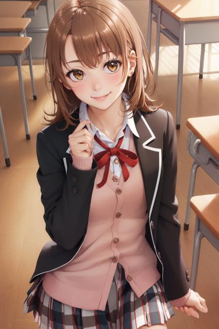 (masterpiece, best quality:1.2), <lyco:oregairu_isshiki-10:1.0>, cowboy shot, solo, 1girl, isshiki iroha, smile, closed mouth, looking at viewer, school uniform, blazer, long sleeves, cardigan, neck ribbon, plaid skirt, classroom