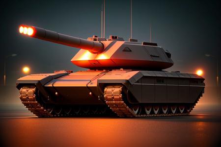 tank, 1tank. Dark foggy background, full view, red lights., futuristic city street. street lights.