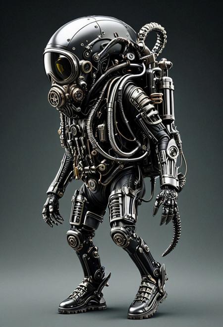 8k, Tilt shift photography style, qu4ntum, mechanical zombie, walking, shark octopus head, octopus silver tentacles, black gas mask, silver tactical armor, shick shark arms, black face visor, mechanical back pack, silver circuits, propeller on body, walking on the cave, simple dark background, minimalist,