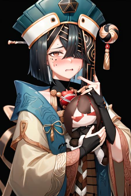 best quality, masterpiece, highres, solo, {xu_fu_fgo:1.15}, black_hair, hair_over_one_eye, mole, mole_under_eye, small_breasts, breasts, doll, hair_ornament, hat, blue_headwear, short_hair, hair_stick, character_doll, brown_eyes, tassel, straight_hair, medium_hair, hair_between_eyes, gem, bridal_gauntlets, upper_body, 1girl, black_gloves, chinese_clothes, crying, crying_with_eyes_open, fingerless_gloves, gloves, holding, long_sleeves, simple_background, tears, blush, holding_doll, looking_at_viewer, white_background, wide_sleeves