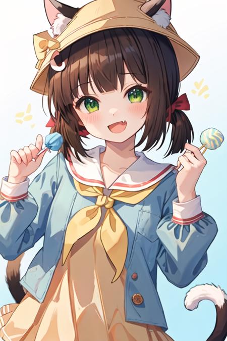 best quality, masterpiece, highres, solo, {mutsuki_azurlane:1.15}, animal_ears, cat_ears, brown_hair, open_mouth, green_eyes, twintails, hat, short_twintails, short_hair, ribbon, blush, school_hat, yellow_headwear, low_twintails, animal_ear_fluff, smile, fang, tail, bangs, cat_tail, candy, food, bow, cat_girl, ears_through_headwear, 1girl, blue_shirt, holding, holding_candy, kindergarten_uniform, lollipop, looking_at_viewer, neckerchief, shirt, holding_food, yellow_neckerchief, holding_lollipop, long_sleeves, :d, sailor_collar, simple_background, upper_body, white_sailor_collar