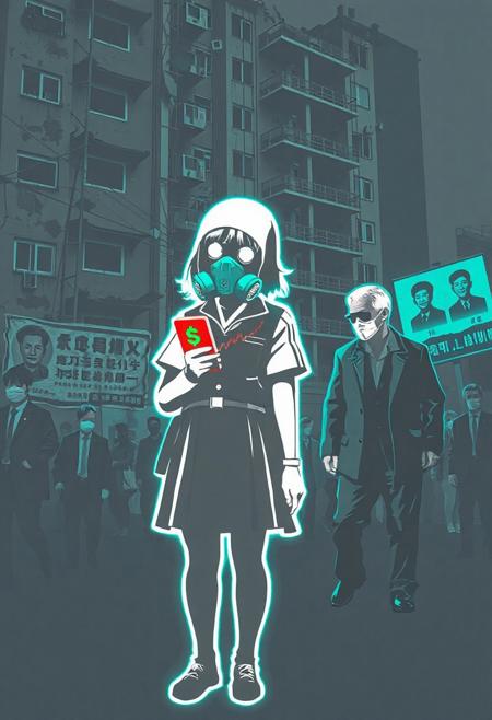 JNANX,luminous white silhouette,cyan glow,emerald highlights,flickering outline,dreamlike movement,
A Banksy-style stencil graffiti artwork. A Korean high school girl in uniform and a gas mask stands in front of a crumbling apartment complex with shattered windows and scaffolding. She holds a smartphone glowing red and green, showing a rising cryptocurrency chart. Beside her, a homeless elderly man extends his hand for help, but she ignores him. In the background, people wearing suits and masks walk past giant propaganda posters and security cameras. The whole scene is grayscale, with only the phone screen in vivid color. Urban decay, inequality, generational divide — bold, satirical, politically critical.
