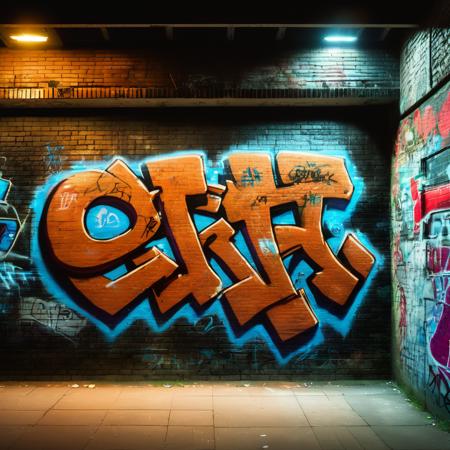 photo of a brick wall with graffiti on it at night <lora:UrbanGraffiti:1>, UrbanGraffiti, cinematic light, (masterpiece:1.3), (intricate:1), best quality, dynamic angle