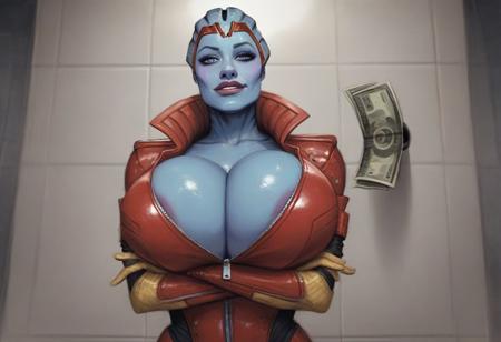 score_9, score_8_up, score_7_up, blue skin,alien,solo,samara1, blue skin,massive breasts,red tube top, private bathroom, red bodysuit, crossing arms, refusing money,smiling at money,looking at money,money in glory hole,blue skin,holding money,omnitool on arm,1 women with red tiara,leather red jacket zipped up jacket,gold hand gloves,skindentation, skin indentation,massive cleavage, blue skin,glory hole,low angle shot, close up, oil painting style, complex colors, Expressiveh,depth of field, portrait, side lighting, best shadow, warm hard light,  realistic, red elbow gloves,hand over glory hole,hand on hole,