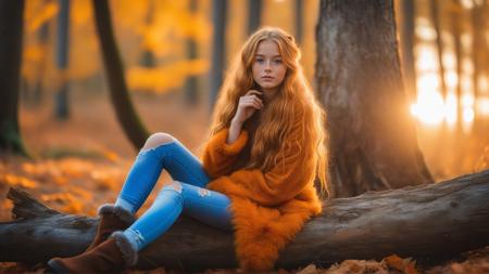 Pro photography, shot from a side, cute shy teenager girl, sits on fallen tree, in enchanted autumn-forest, sunset rays, looking at the camera,she has messy long orange hair with extra long fake eyelashes, freckles, she is wearing fur wild outfit, (deep-blue eyes), fur-bracers, semi-realistic,  <lora:MJ52:0.4>