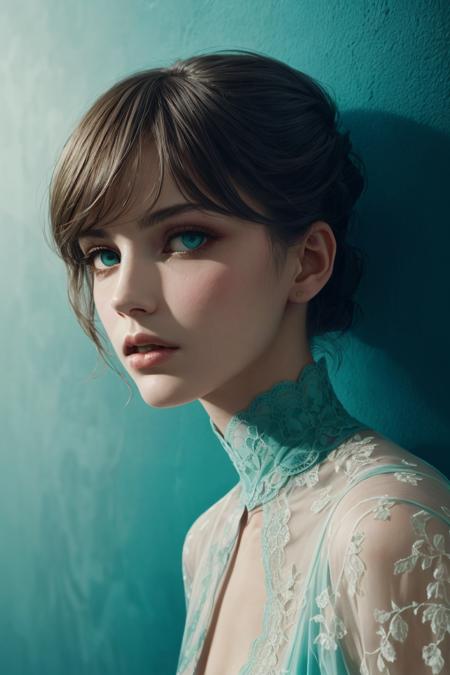 1 woman close up lace green and cyan , muted color blood on wall dramatic lighting complex background depth of field best shadow Paolo Roversi 1980 (photorealistic)  <lora:more_details:0.3>, <lyco:GoodHands-beta2:1>,