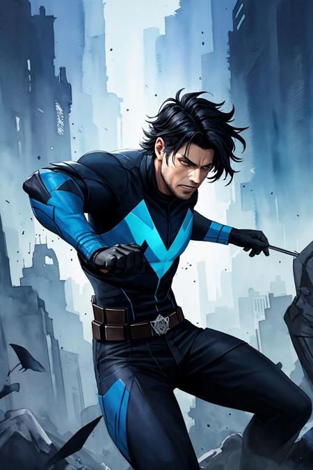 trendy trauma, werewolf, bishop, action pose, nightwing, concept illustration, watercolor painting, vibrant, beautiful, painterly, detailed, textural, artistic